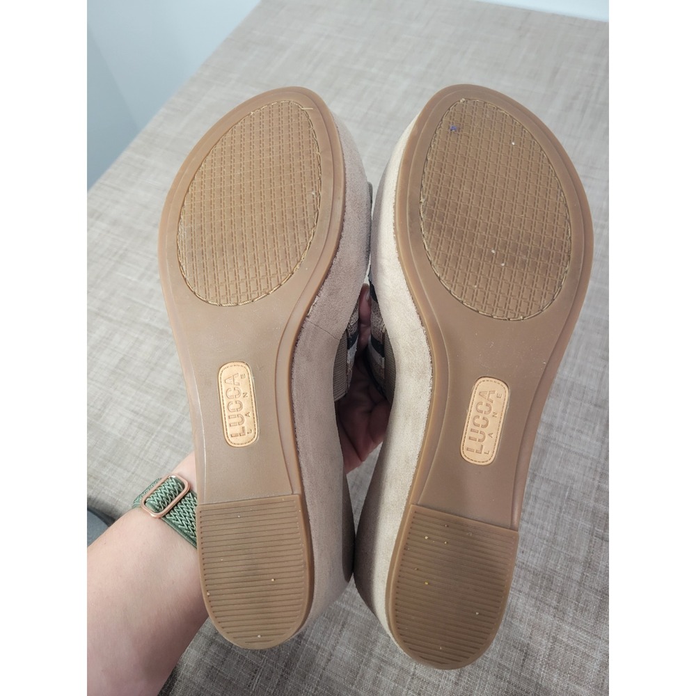 Lucca Lane Leanore Tan Multi Metallic Striped Leather Suede Wedge Sandals 8.5M - Picture 7 of 7